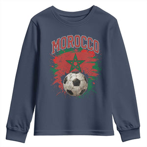 Vintage Morocco Flag Soccer Splatter Graphic Youth Sweatshirt Patriotic Moroccan Football Fans National Pride Sports