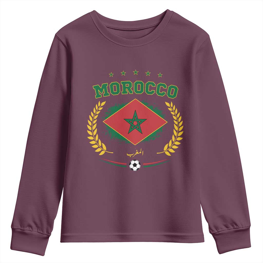 Morocco Football Laurel Wreath Crest Graphic Youth Sweatshirt Proud Moroccan Soccer Star Emblem Sports Fans
