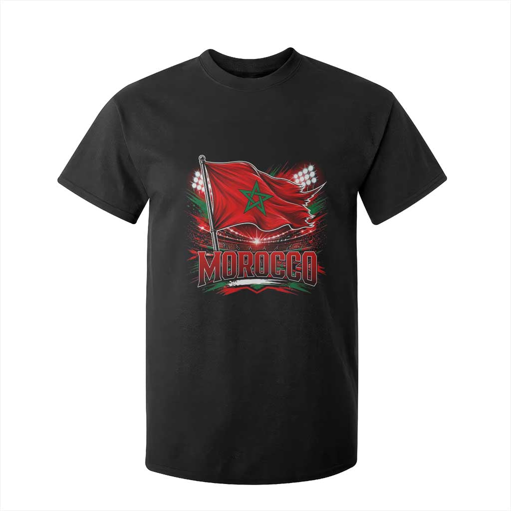 Waving Morocco Flag Stadium Lights T Shirt For Kid Patriotic Moroccan Soccer Fans