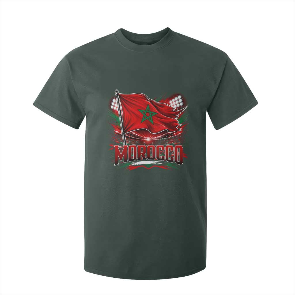 Waving Morocco Flag Stadium Lights T Shirt For Kid Patriotic Moroccan Soccer Fans