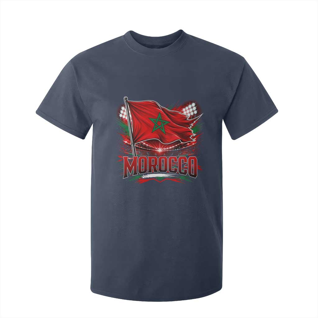 Waving Morocco Flag Stadium Lights T Shirt For Kid Patriotic Moroccan Soccer Fans