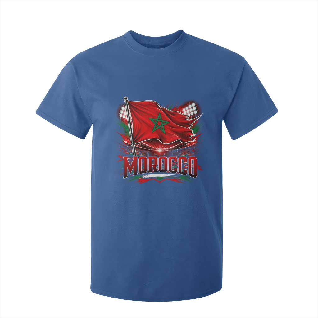 Waving Morocco Flag Stadium Lights T Shirt For Kid Patriotic Moroccan Soccer Fans