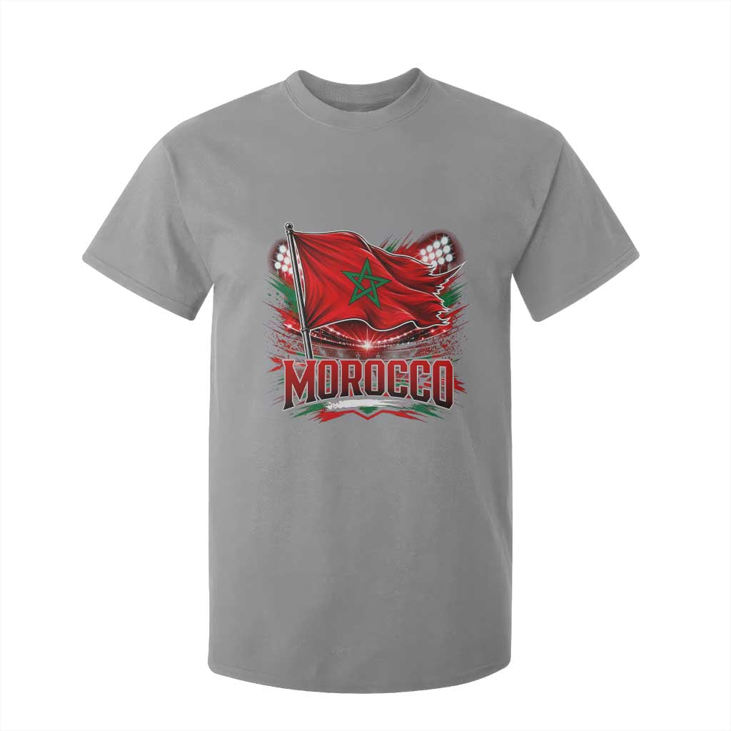 Waving Morocco Flag Stadium Lights T Shirt For Kid Patriotic Moroccan Soccer Fans