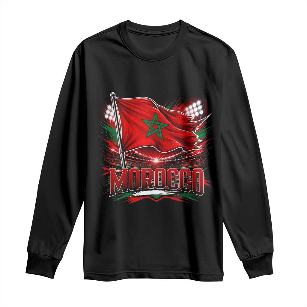 Waving Morocco Flag Stadium Lights Long Sleeve Shirt Patriotic Moroccan Soccer Fans