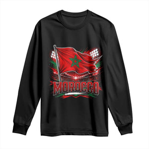 Waving Morocco Flag Stadium Lights Long Sleeve Shirt Patriotic Moroccan Soccer Fans