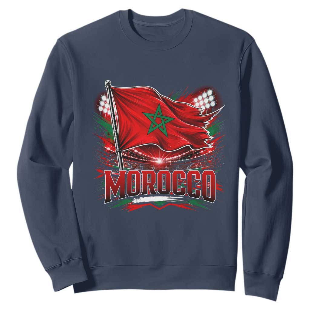 Waving Morocco Flag Stadium Lights Sweatshirt Patriotic Moroccan Soccer Fans