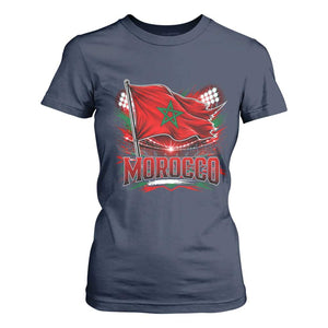 Waving Morocco Flag Stadium Lights T Shirt For Women Patriotic Moroccan Soccer Fans