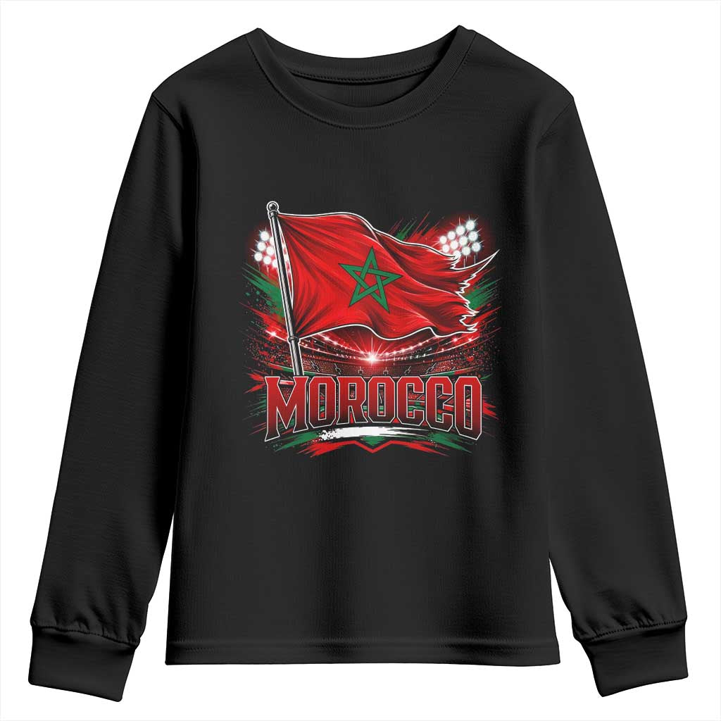 Waving Morocco Flag Stadium Lights Youth Sweatshirt Patriotic Moroccan Soccer Fans