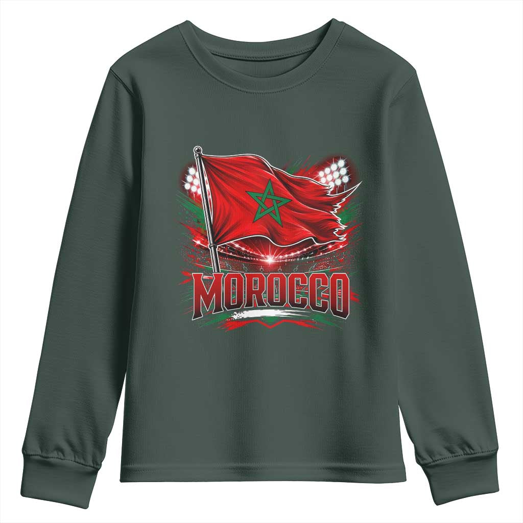 Waving Morocco Flag Stadium Lights Youth Sweatshirt Patriotic Moroccan Soccer Fans