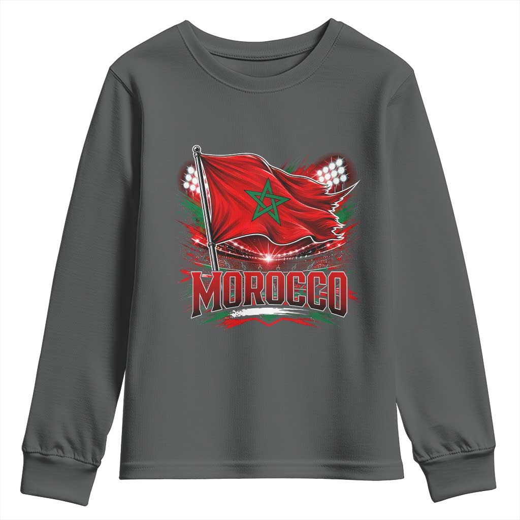 Waving Morocco Flag Stadium Lights Youth Sweatshirt Patriotic Moroccan Soccer Fans
