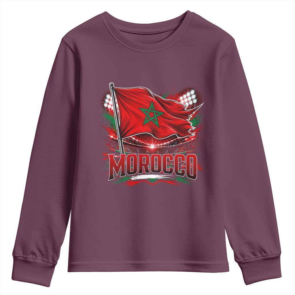 Waving Morocco Flag Stadium Lights Youth Sweatshirt Patriotic Moroccan Soccer Fans