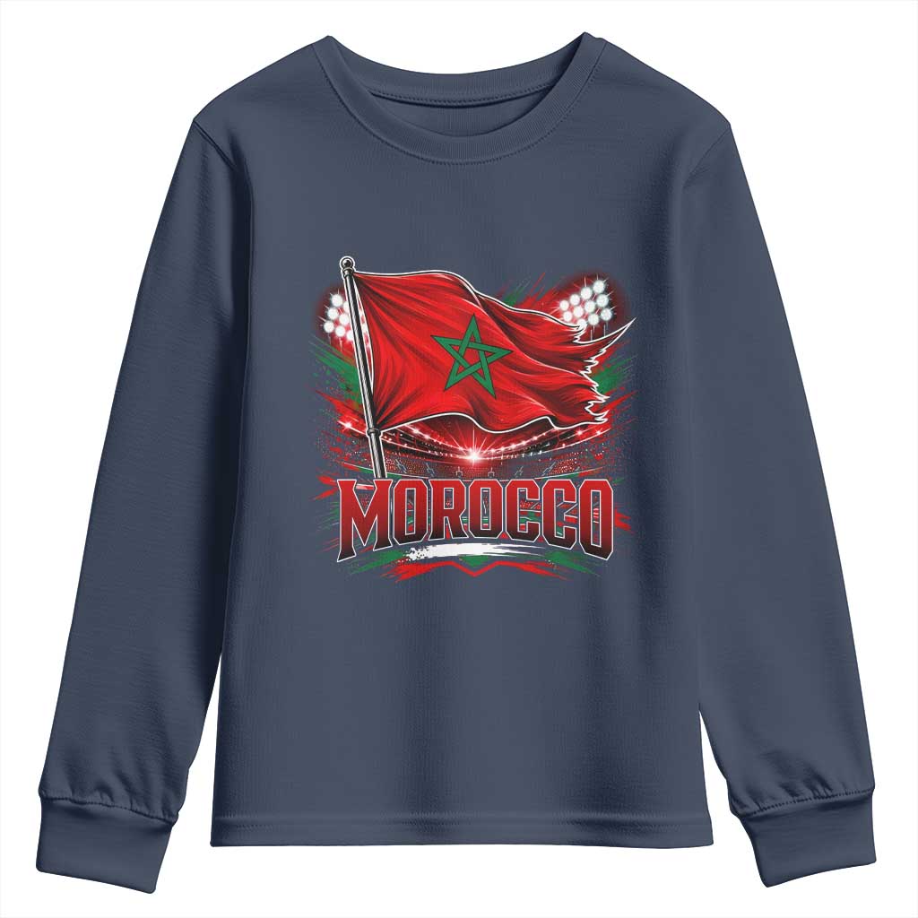 Waving Morocco Flag Stadium Lights Youth Sweatshirt Patriotic Moroccan Soccer Fans