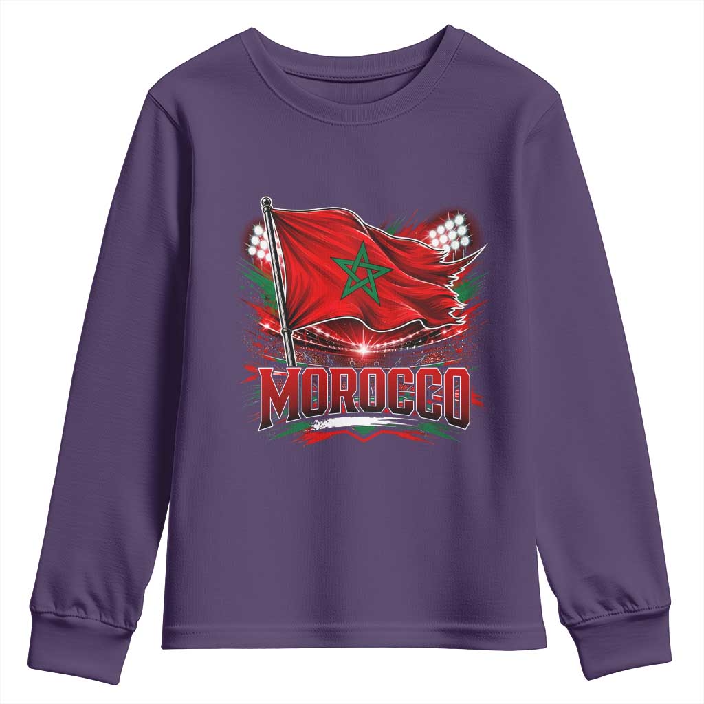 Waving Morocco Flag Stadium Lights Youth Sweatshirt Patriotic Moroccan Soccer Fans