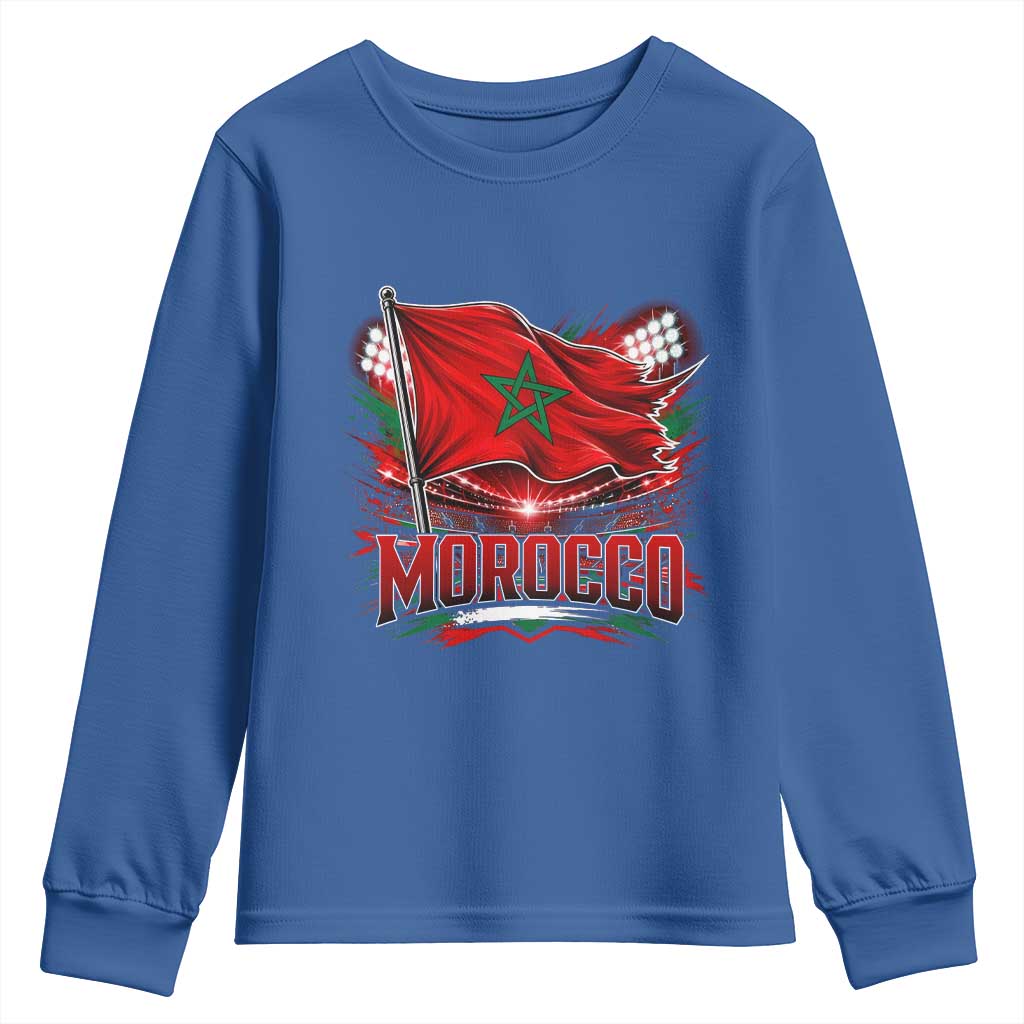 Waving Morocco Flag Stadium Lights Youth Sweatshirt Patriotic Moroccan Soccer Fans