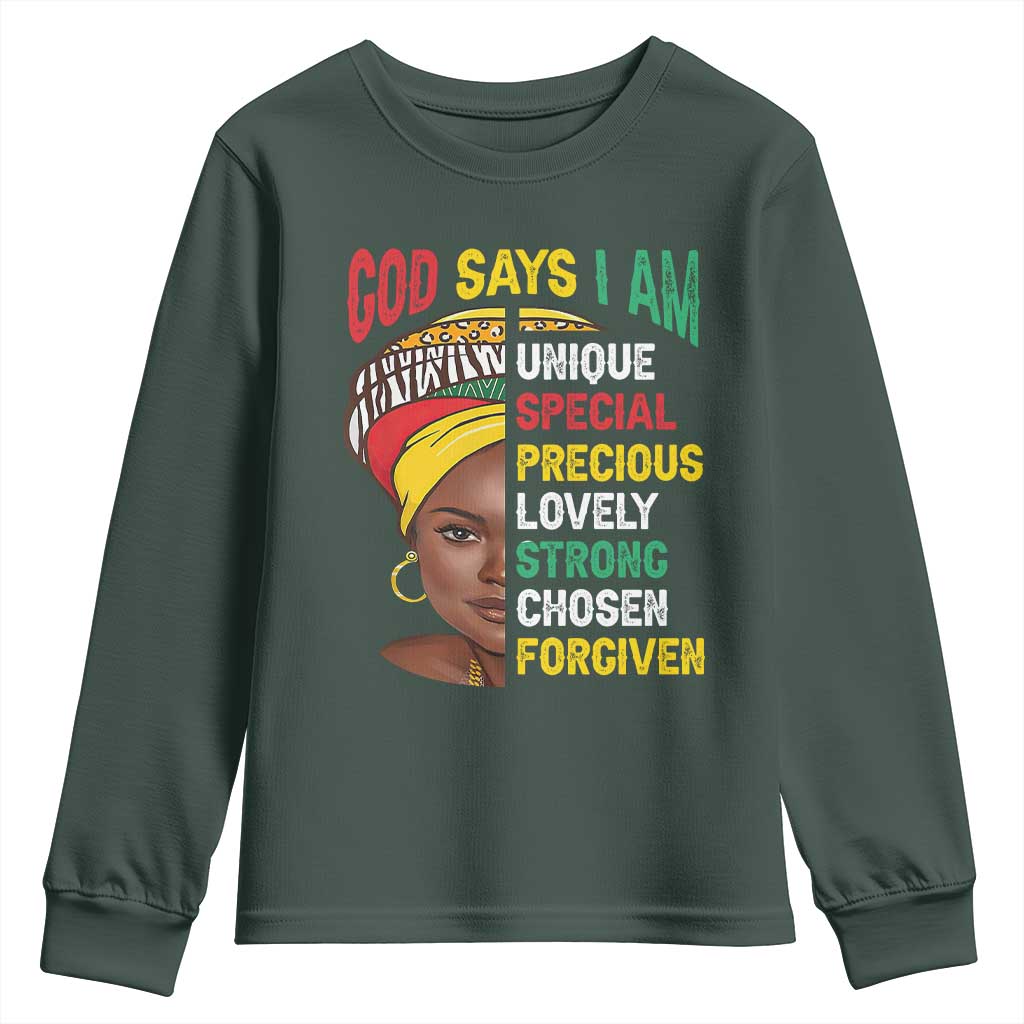 Proud Black Woman Youth Long Sleeve Shirt God Says I Am Melanin Girl Pride