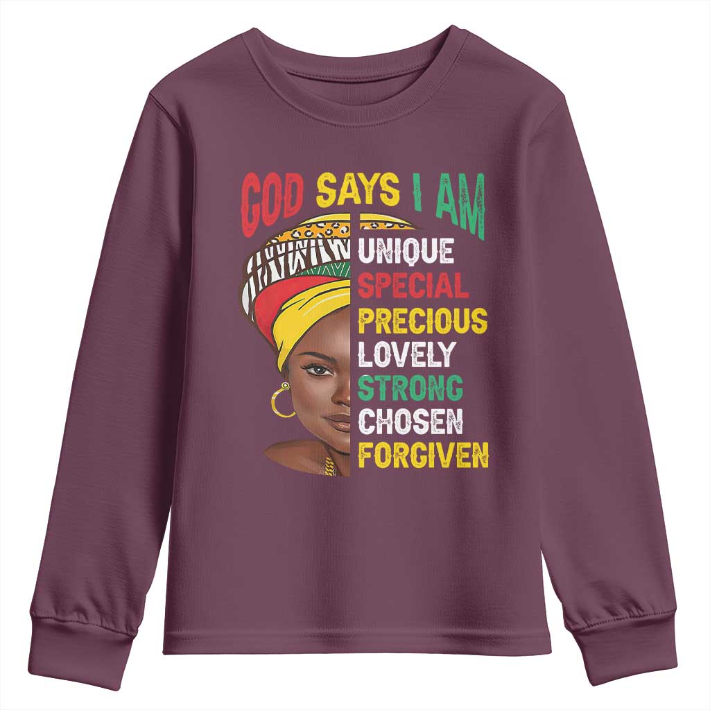 Proud Black Woman Youth Long Sleeve Shirt God Says I Am Melanin Girl Pride