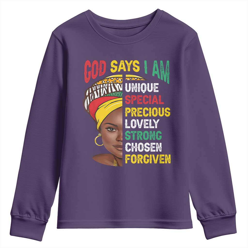 Proud Black Woman Youth Long Sleeve Shirt God Says I Am Melanin Girl Pride