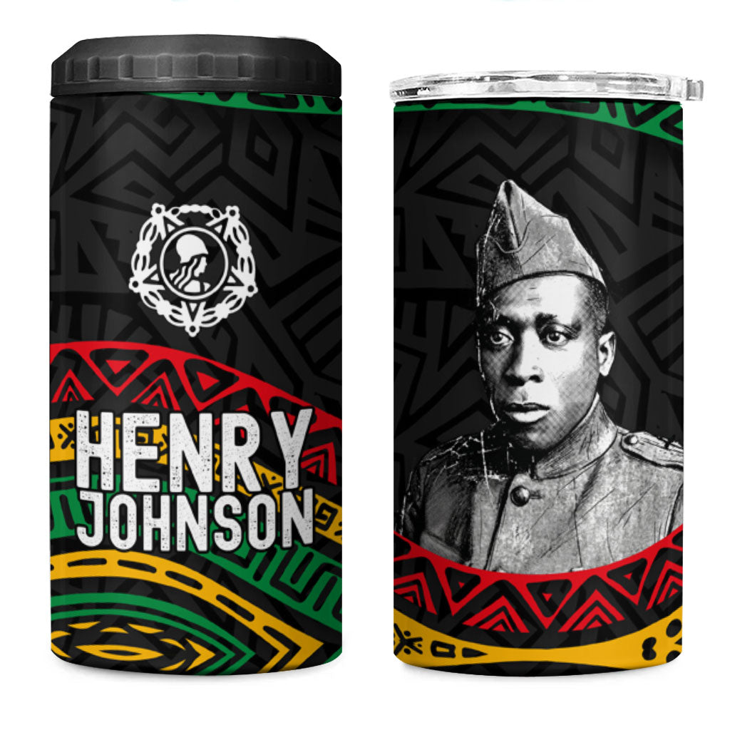 Henry Johnson Black History Month 4 in 1 Can Cooler Tumbler Pan African Colors Tribal Geometric Pattern
