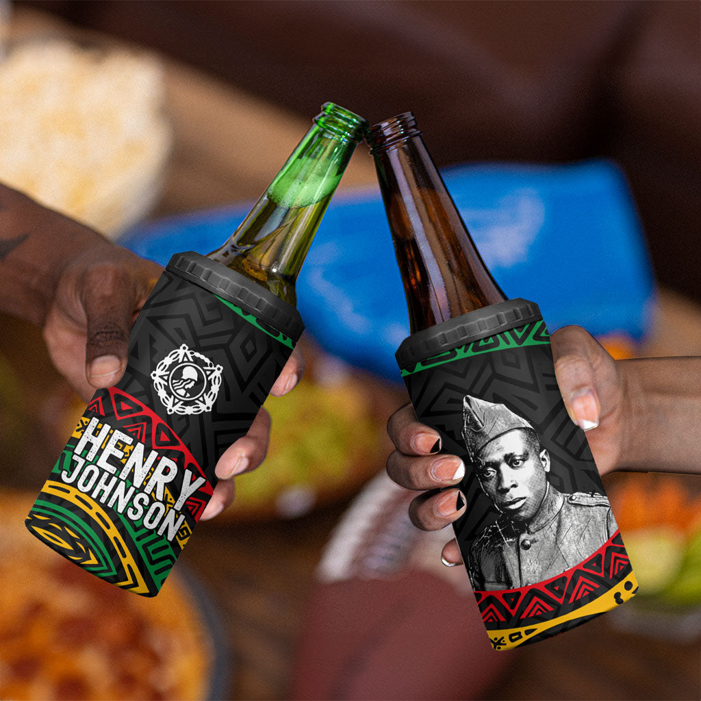 Henry Johnson Black History Month 4 in 1 Can Cooler Tumbler Pan African Colors Tribal Geometric Pattern