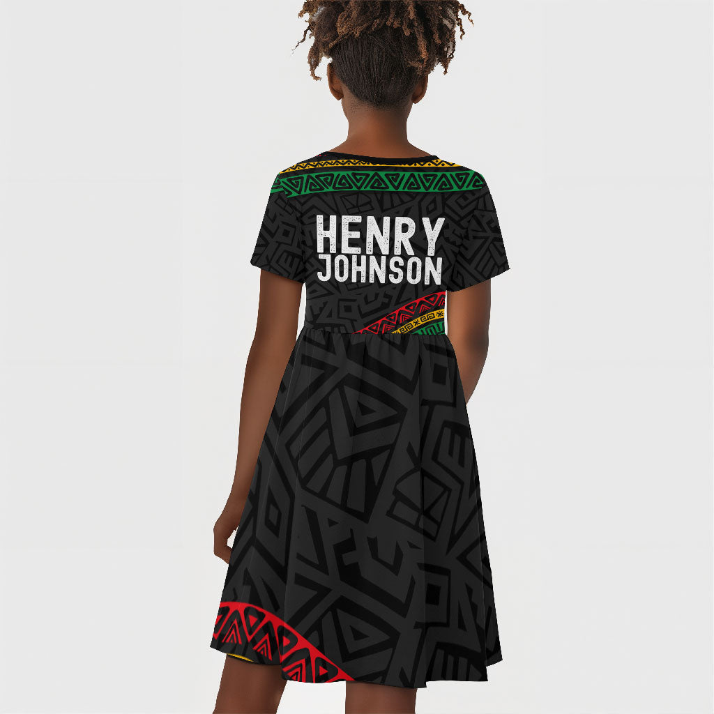 Henry Johnson Black History Month Kid Short Sleeve Dress Pan African Colors Tribal Geometric Pattern
