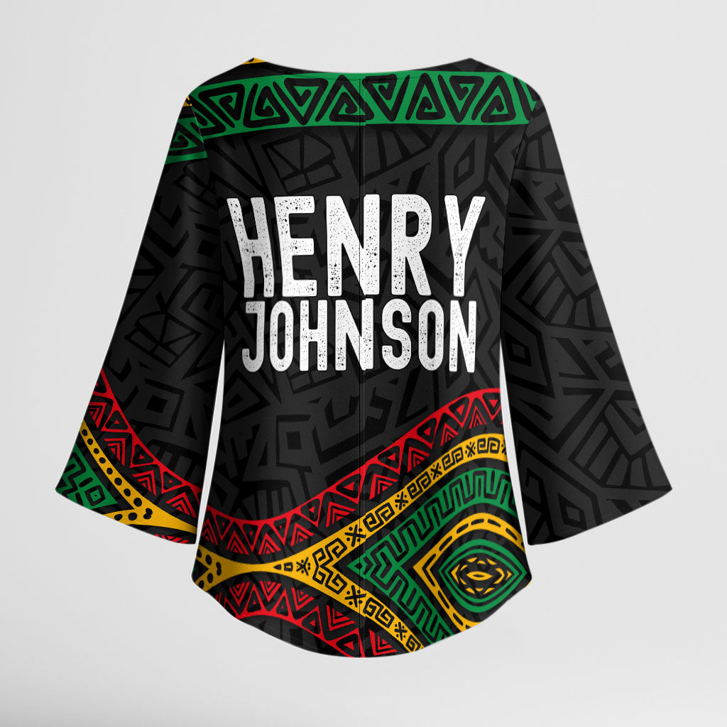Henry Johnson Black History Month Kimono Sleeve Blouse Pan African Colors Tribal Geometric Pattern