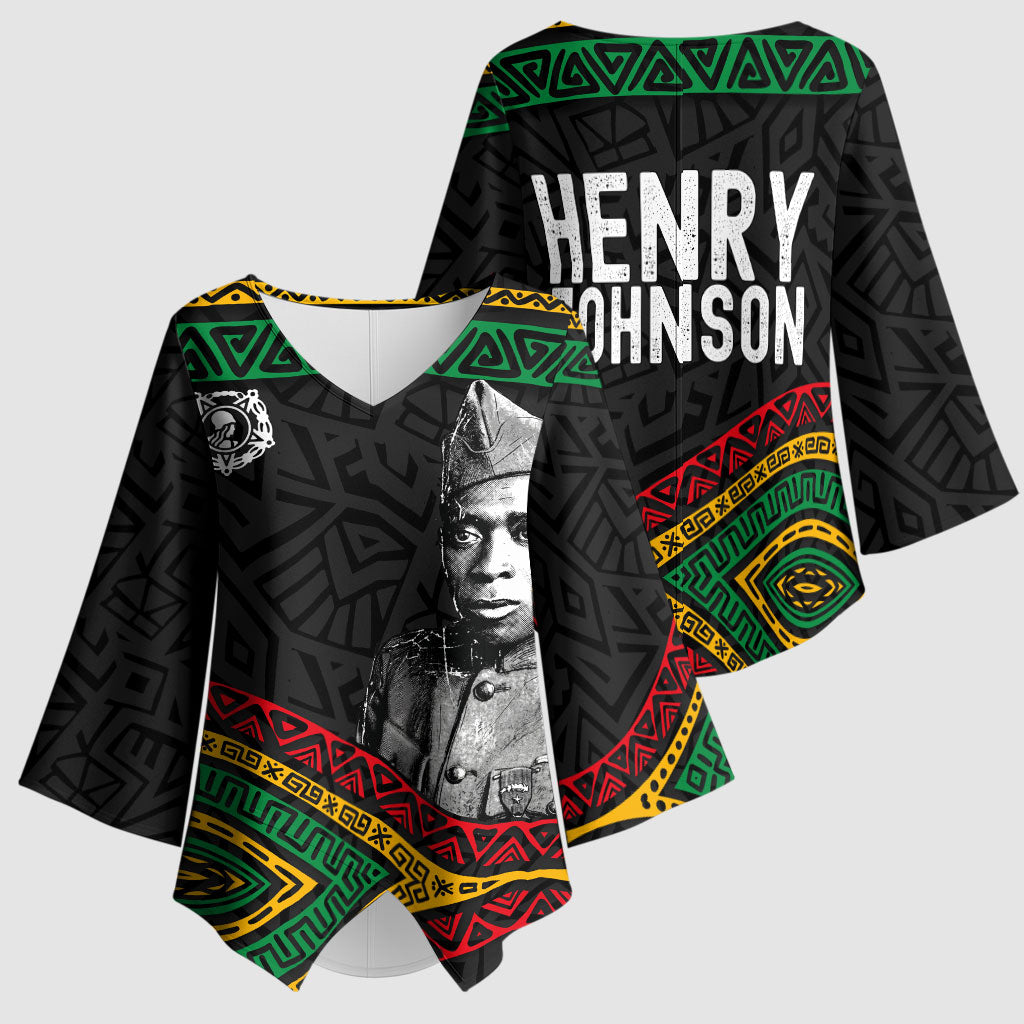 Henry Johnson Black History Month Kimono Sleeve Blouse Pan African Colors Tribal Geometric Pattern