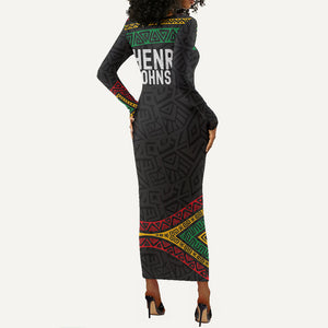 Henry Johnson Black History Month Long Sleeve Bodycon Dress Pan African Colors Tribal Geometric Pattern