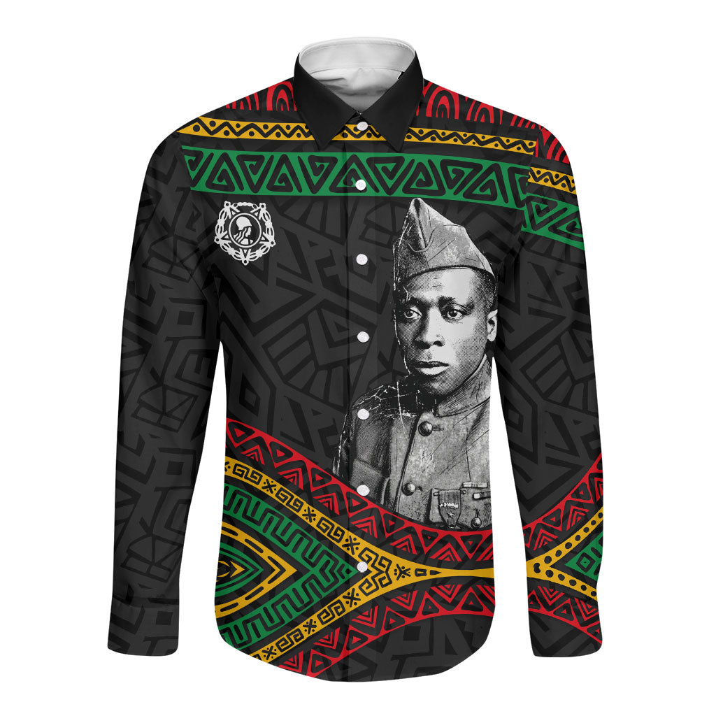 Henry Johnson Black History Month Long Sleeve Button Shirt Pan African Colors Tribal Geometric Pattern