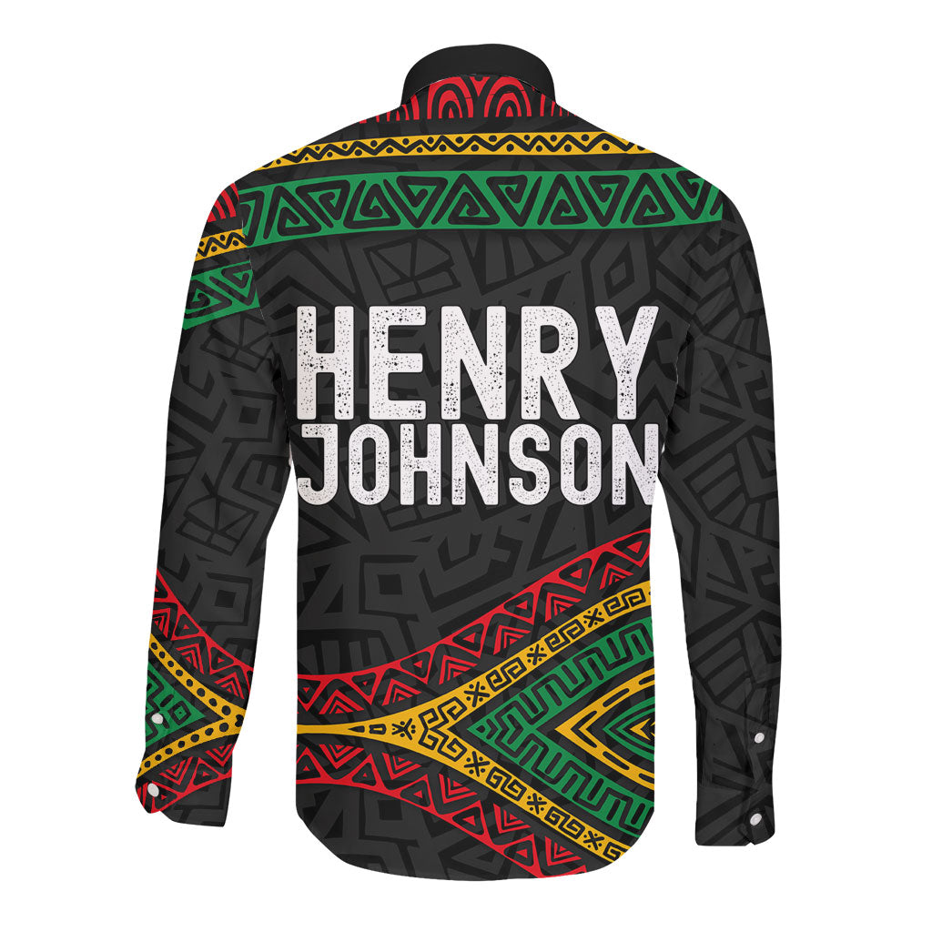 Henry Johnson Black History Month Long Sleeve Button Shirt Pan African Colors Tribal Geometric Pattern