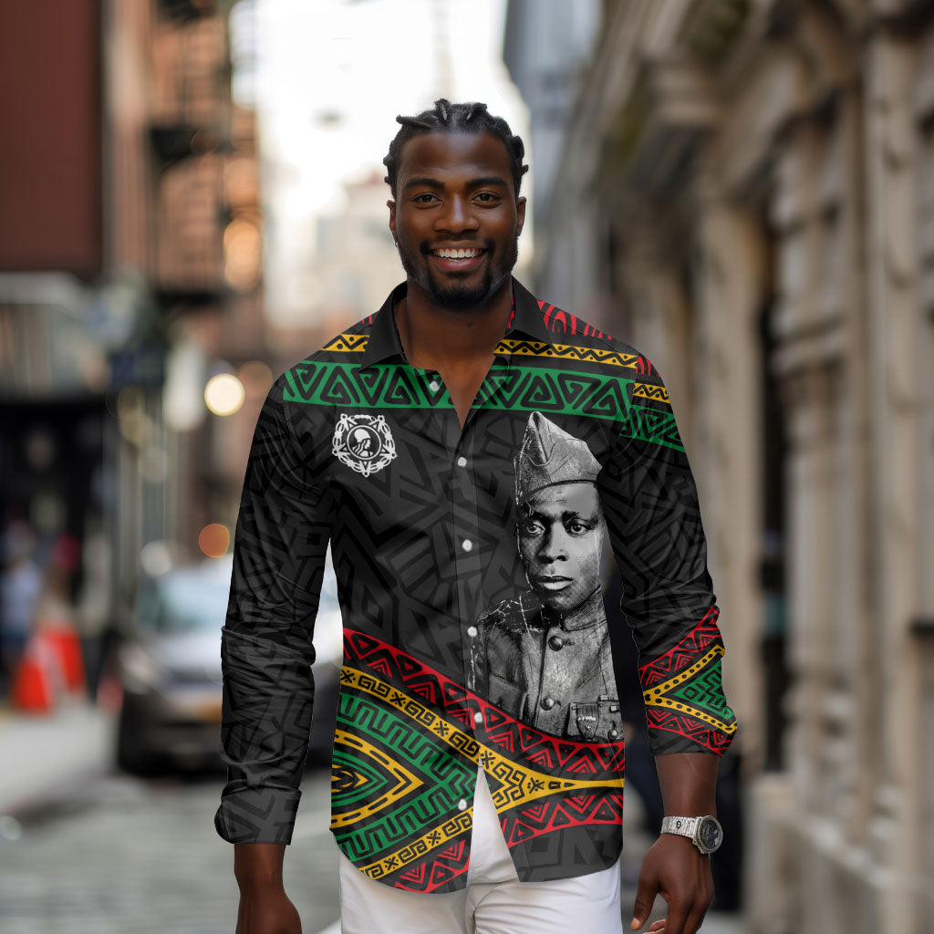 Henry Johnson Black History Month Long Sleeve Button Shirt Pan African Colors Tribal Geometric Pattern