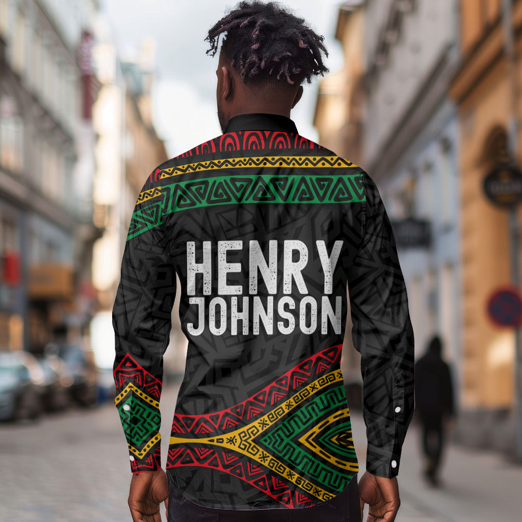 Henry Johnson Black History Month Long Sleeve Button Shirt Pan African Colors Tribal Geometric Pattern