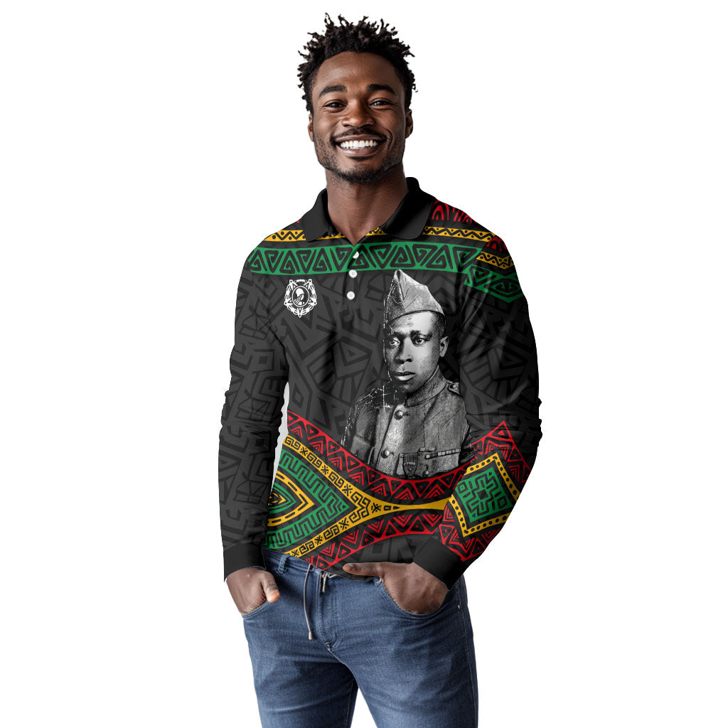 Henry Johnson Black History Month Long Sleeve Polo Shirt Pan African Colors Tribal Geometric Pattern