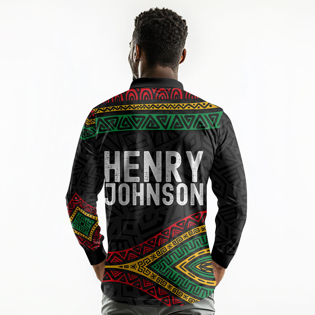 Henry Johnson Black History Month Long Sleeve Polo Shirt Pan African Colors Tribal Geometric Pattern
