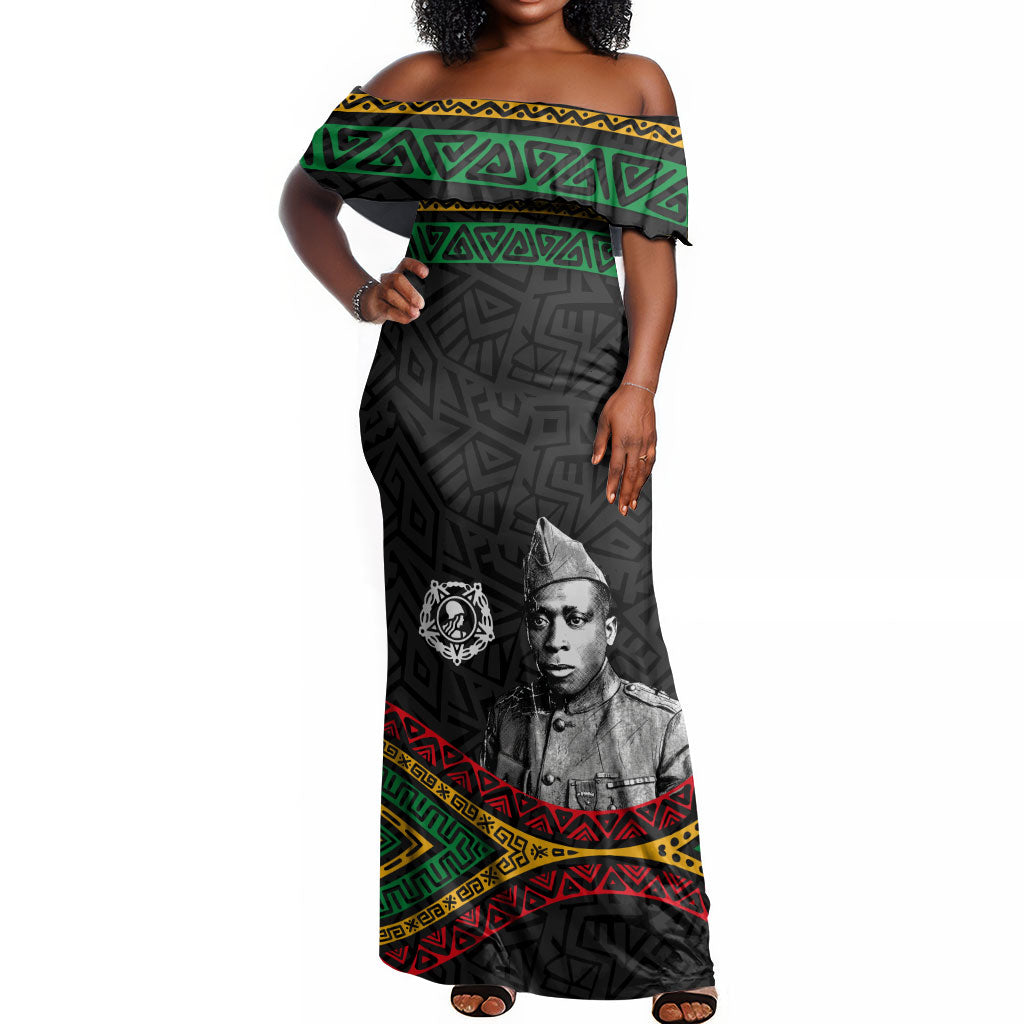 Henry Johnson Black History Month Off Shoulder Maxi Dress Pan African Colors Tribal Geometric Pattern