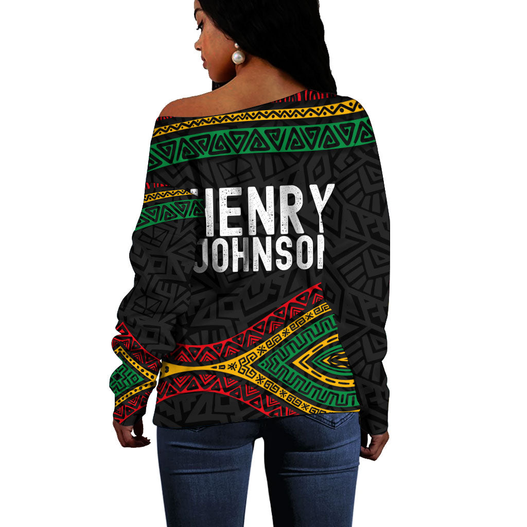 Henry Johnson Black History Month Off Shoulder Sweater Pan African Colors Tribal Geometric Pattern