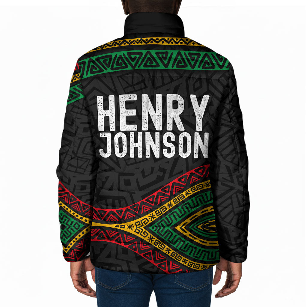 Henry Johnson Black History Month Padded Jacket Pan African Colors Tribal Geometric Pattern