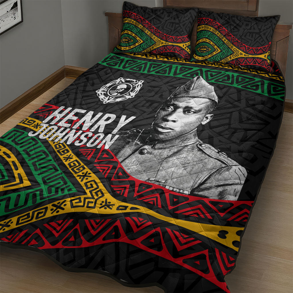 Henry Johnson Black History Month Quilt Bed Set Pan African Colors Tribal Geometric Pattern