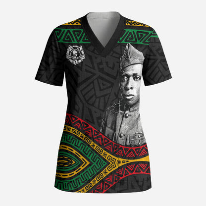 Henry Johnson Black History Month Scrub Top Pan African Colors Tribal Geometric Pattern