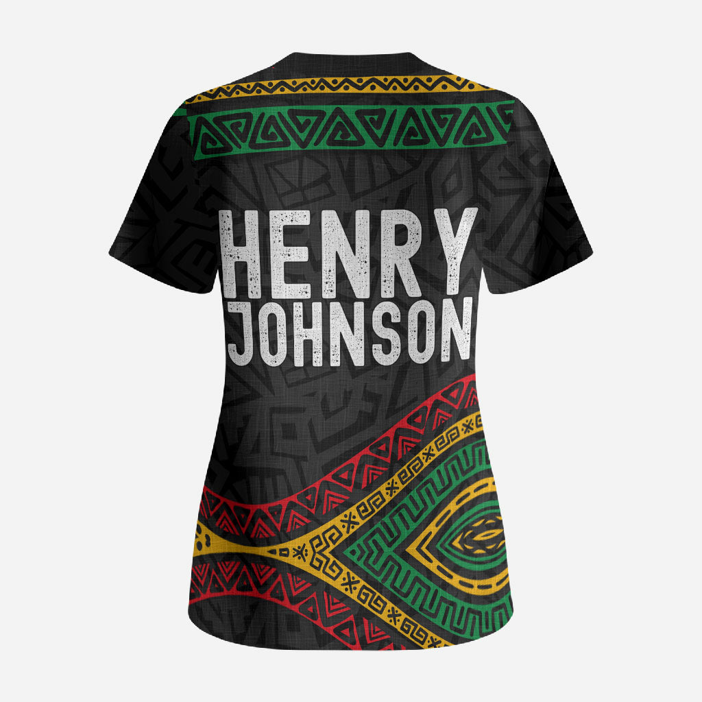 Henry Johnson Black History Month Scrub Top Pan African Colors Tribal Geometric Pattern