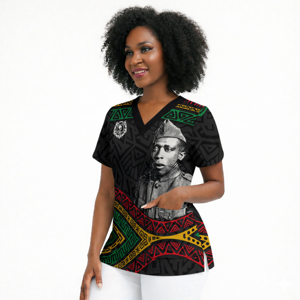 Henry Johnson Black History Month Scrub Top Pan African Colors Tribal Geometric Pattern
