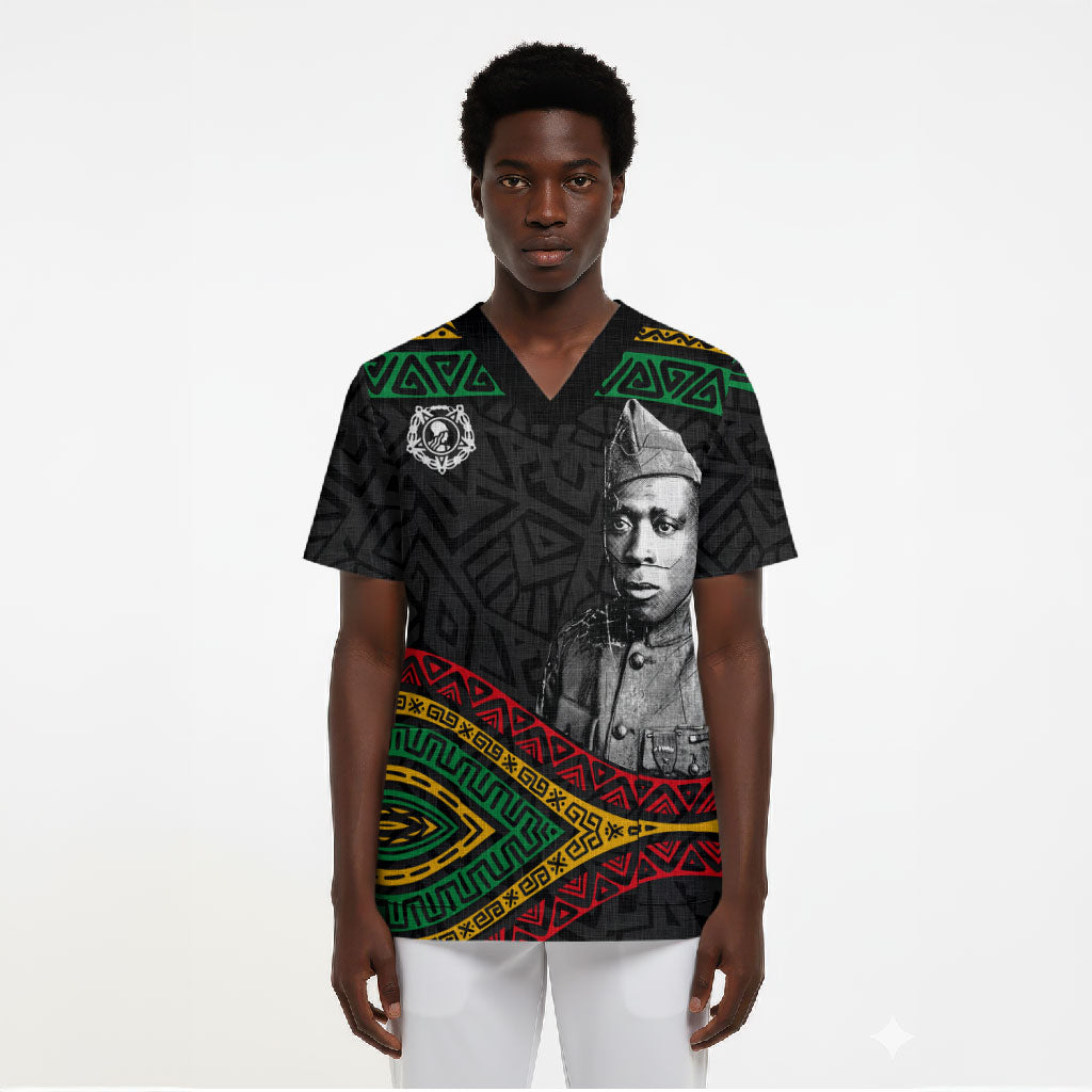 Henry Johnson Black History Month Scrub Top Pan African Colors Tribal Geometric Pattern