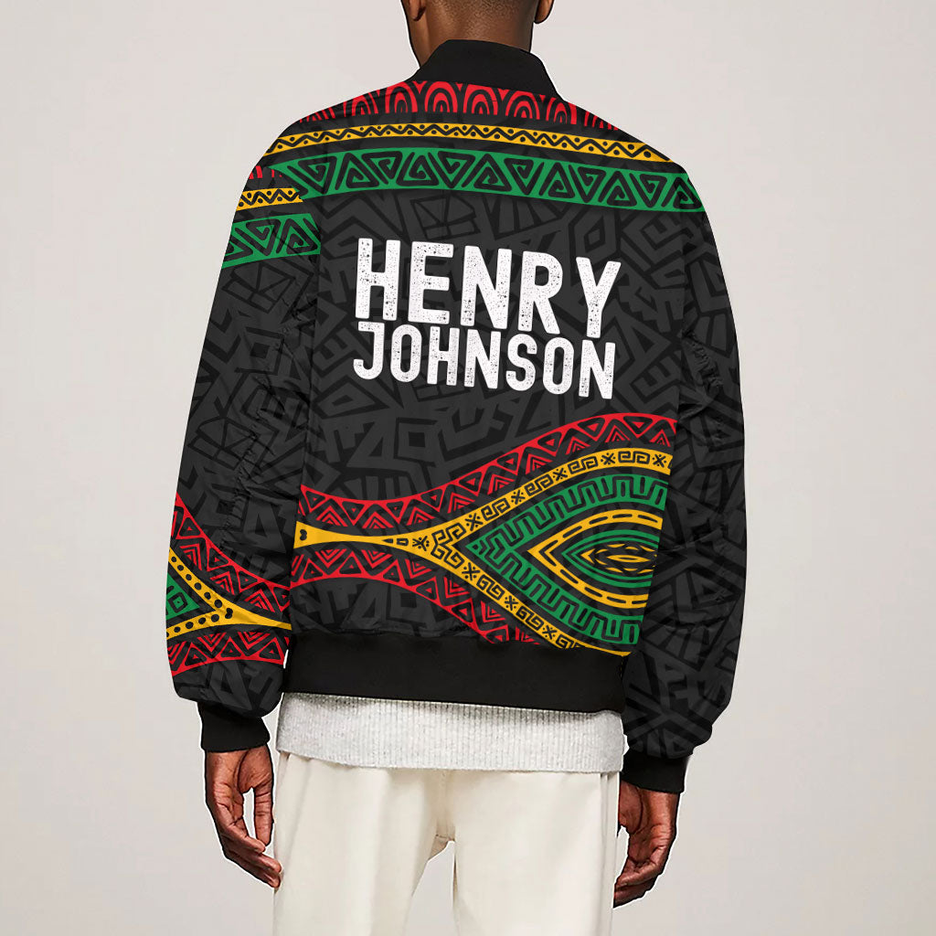 Henry Johnson Black History Month Sleeve Zip Bomber Jacket Pan African Colors Tribal Geometric Pattern