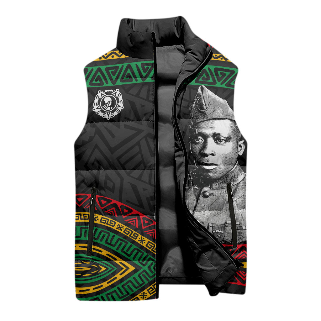 Henry Johnson Black History Month Sleeveless Puffer Jacket Pan African Colors Tribal Geometric Pattern