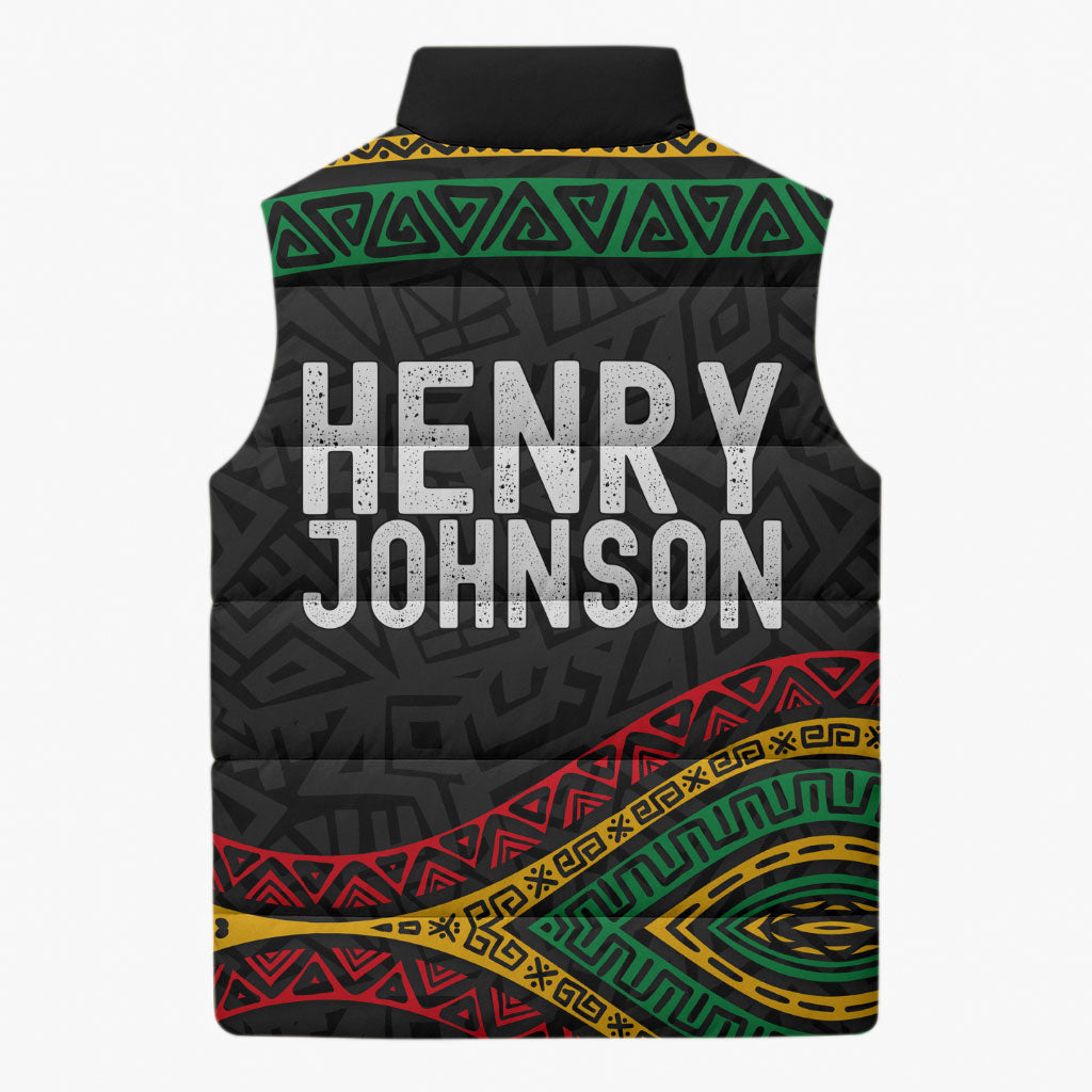 Henry Johnson Black History Month Sleeveless Puffer Jacket Pan African Colors Tribal Geometric Pattern
