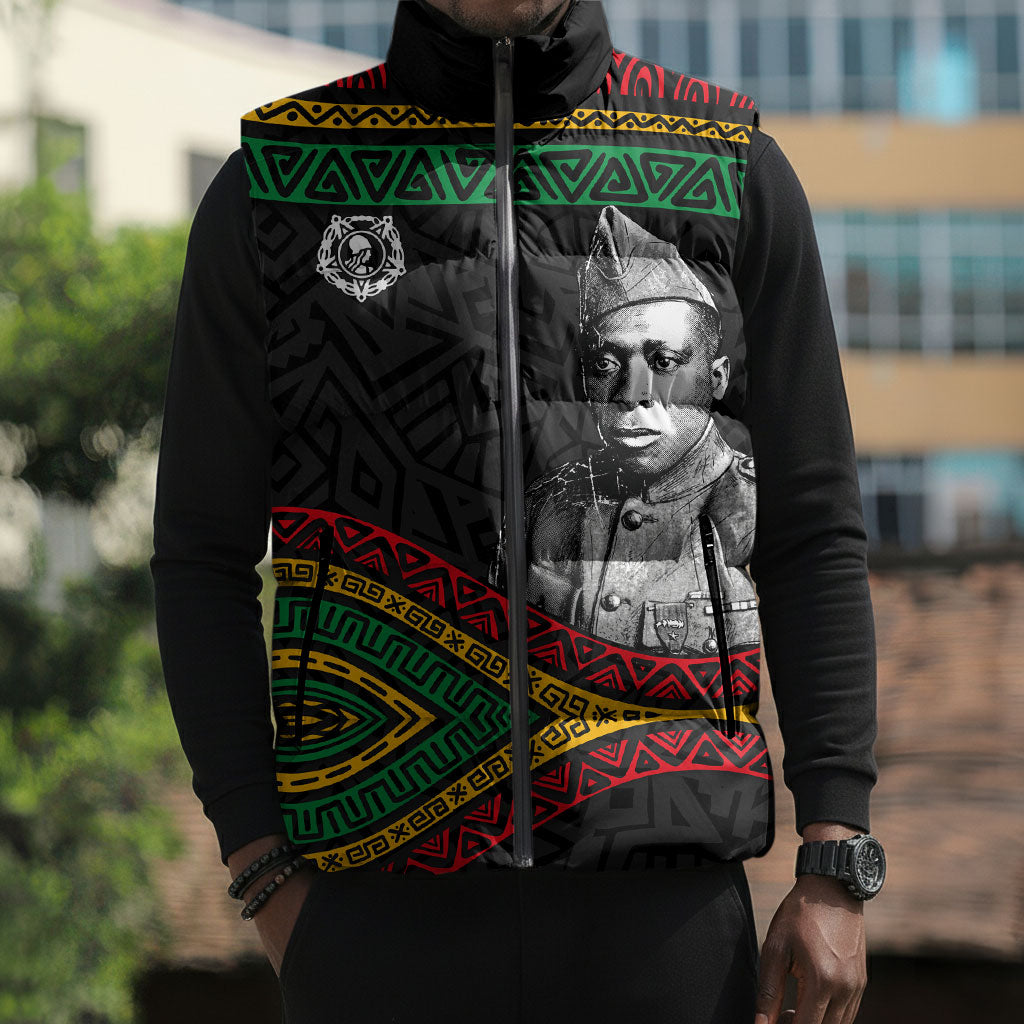 Henry Johnson Black History Month Sleeveless Puffer Jacket Pan African Colors Tribal Geometric Pattern