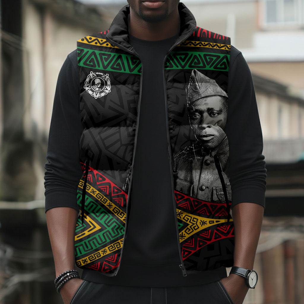 Henry Johnson Black History Month Sleeveless Puffer Jacket Pan African Colors Tribal Geometric Pattern