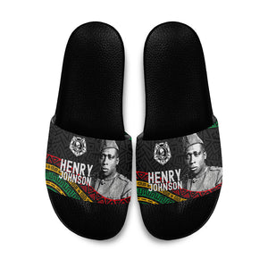 Henry Johnson Black History Month Slide Sandals Pan African Colors Tribal Geometric Pattern