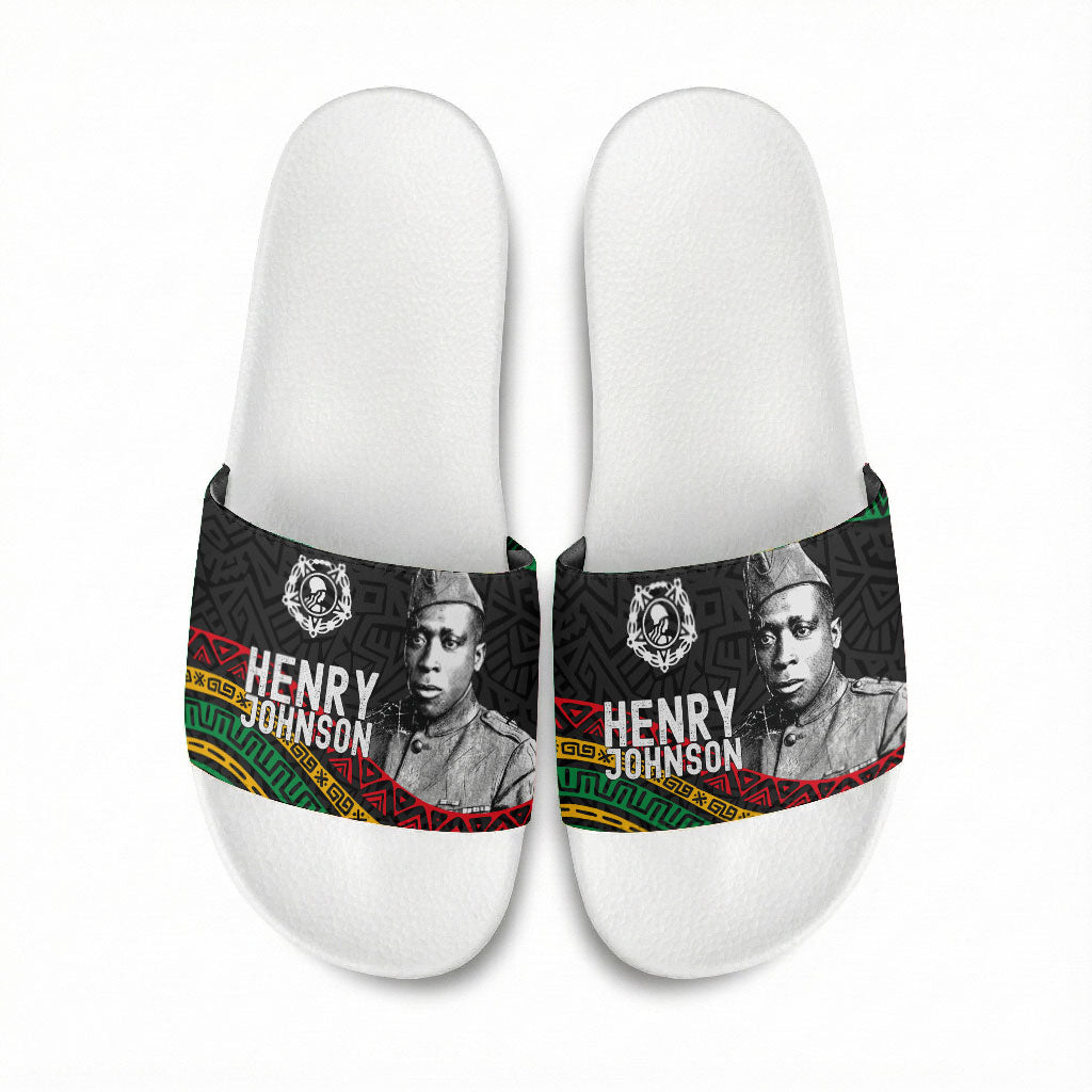 Henry Johnson Black History Month Slide Sandals Pan African Colors Tribal Geometric Pattern