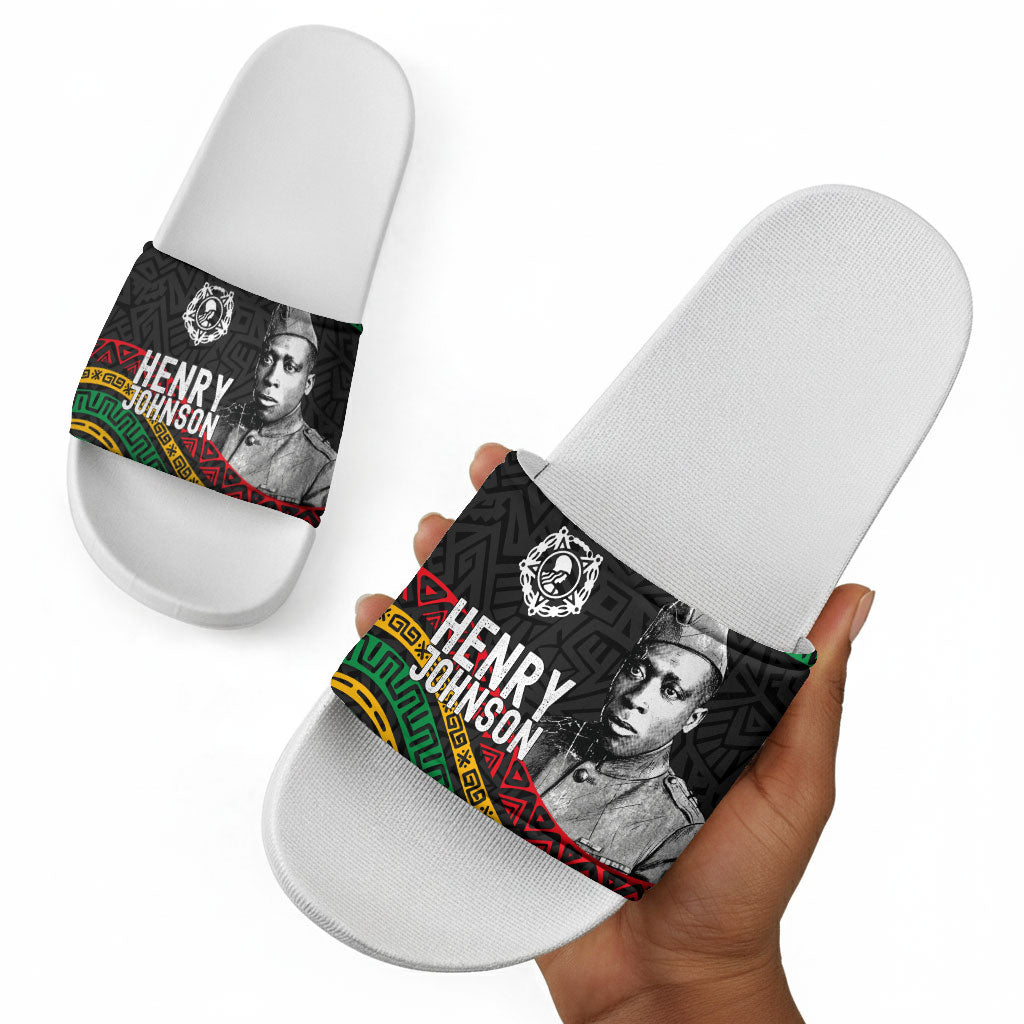 Henry Johnson Black History Month Slide Sandals Pan African Colors Tribal Geometric Pattern