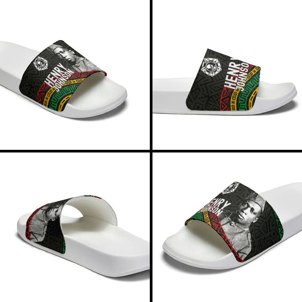 Henry Johnson Black History Month Slide Sandals Pan African Colors Tribal Geometric Pattern
